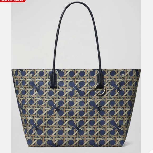 Tory Burch Basketweave Canvas/ Leather Handles Tote Bag Navy - Picture 1 of 8